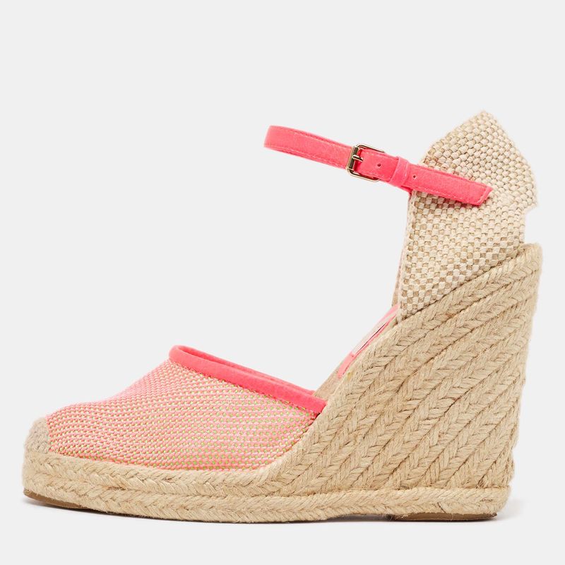 Stella Mccartney Pink/Beige Mesh And Woven Canvas Wedge Espadrille Ankle Strap